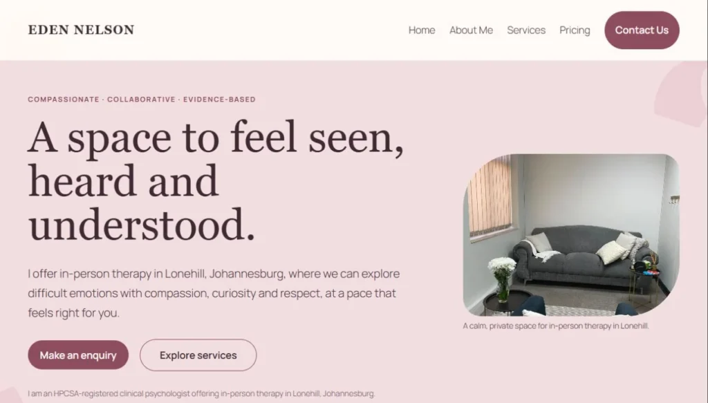 Eden Clinical Psychology homepage with soft pink styling and a therapy-room photograph.